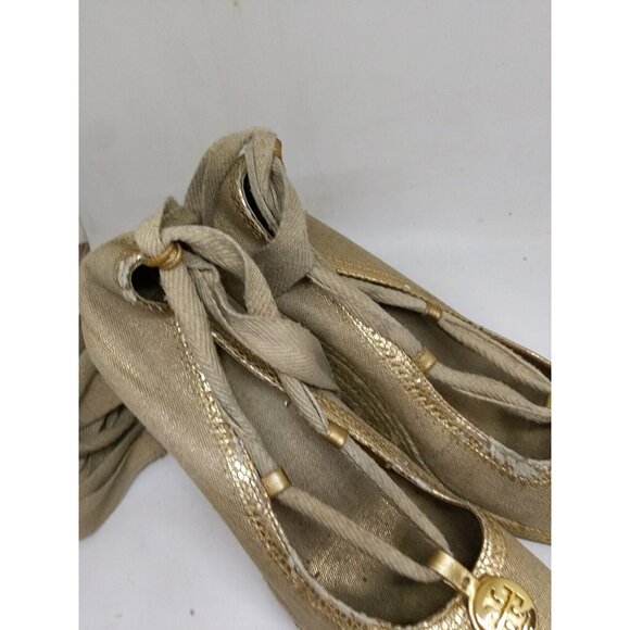 Tory Burch Brown Canvas Tie Wrap Espadrille Wedge Heels Size 9 FLAWED - Picture 2 of 16